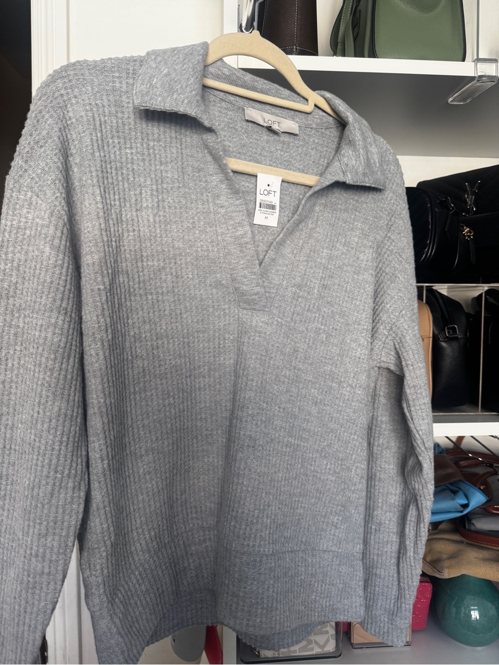 NWT LOFT Gray Waffle Knit Johnny Collar Pullover Top Long Sleeve Relaxed Size M